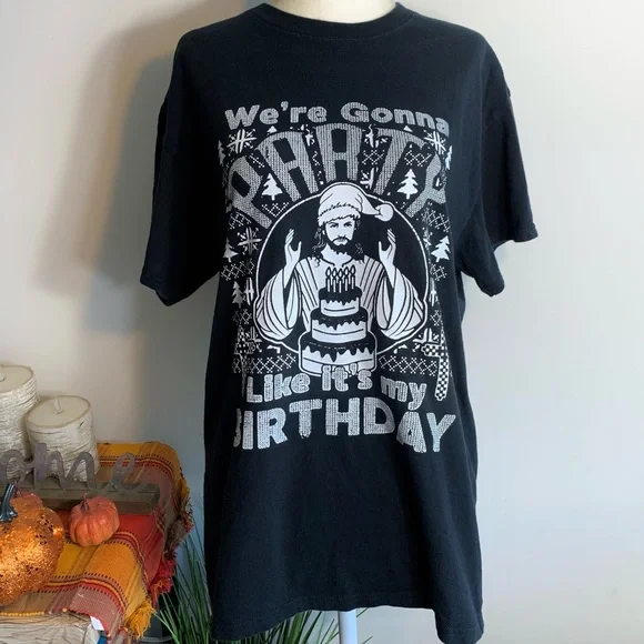 Ugly Christmas T-shirt Jesus Party it’s my birthday black short sleeve gag gift - Picture 2 of 11